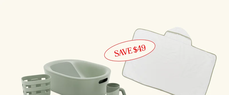Soak & Splash: Bath-time Bundle. INCLUDES: The Bath Tub, Stacking Cups, The  Hooded Towel, Set of 3 Washcloths,  Spout Cover, Rinse Cup, Knee & Elbow  Saver & Bath Toy Bin. SAVE $49 SHOP NOW