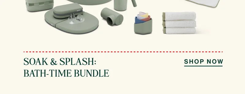 Soak & Splash: Bath-time Bundle. INCLUDES: The Bath Tub, Stacking Cups, The  Hooded Towel, Set of 3 Washcloths,  Spout Cover, Rinse Cup, Knee & Elbow  Saver & Bath Toy Bin. SAVE $49 SHOP NOW