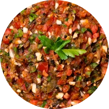Three circular images displaying food: roasted cherry tomatoes with cheese, a fresh tomato-based salsa, and pasta with vegetables and tomato sauce.