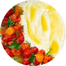Three circular images displaying food: roasted cherry tomatoes with cheese, a fresh tomato-based salsa, and pasta with vegetables and tomato sauce.