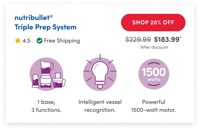 nutribullet Triple Prep System 4.5 star review, price and features illustrations.