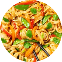 Three circular images displaying food: roasted cherry tomatoes with cheese, a fresh tomato-based salsa, and pasta with vegetables and tomato sauce.