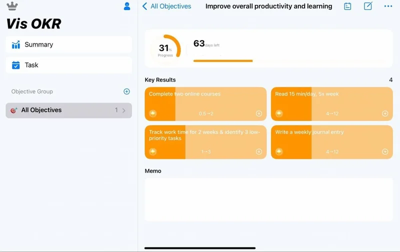 Screenshot of an OKR tracker in the VIS Goals Planner app, showing one objective with four key results and progress bars.