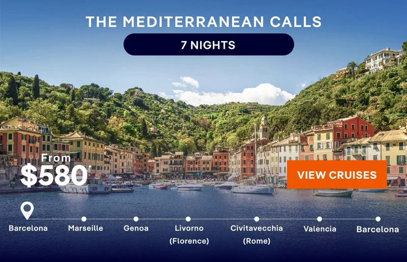 The Mediterranean Calls – 7
Nights – Barcelona, Marseille, Genoa, Civitavecchia (Rome), Valencia, & Barcelona – Click to View Cruises & Book Now The Mediterranean Calls – 7 Nights – Barcelona, Marseille, Genoa, Civitavecchia (Rome), Valencia, & Barcelona – Click to View Cruises & Book Now