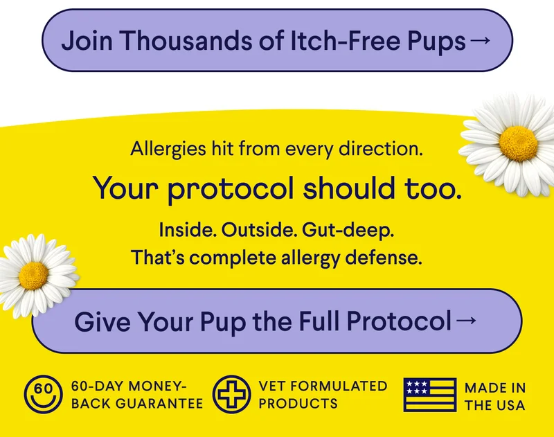 Text: CTA: Join Thousands of Itch-Free Pups –> | Allergies hit from every direction. Your protocol should too. Inside. Outside. Gut-deep. That’s complete allergy defense. CTA: Give Your Pup the Full Protocol → Badges: 60-DAY HAPPINESS GUARANTEE | VET FORMULATED PRODUCTS | MADE IN THE USA
