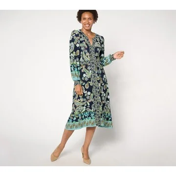 Susan Graver Regular Printed Liquid Knit Split Neck Midi Dress