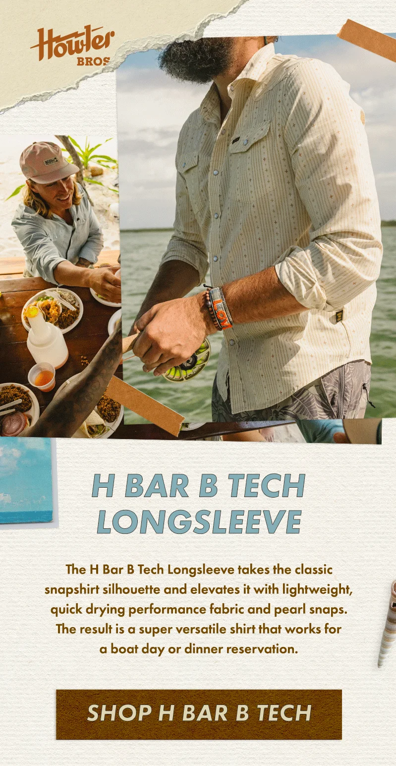 The H Bar B Tech Longsleeve takes the classic snapshirt silhouette and elevates it with lightweight, quick drying performance fabric and pearl snaps. The result is a super versatile shirt that works for a boat day or dinner reservation.
