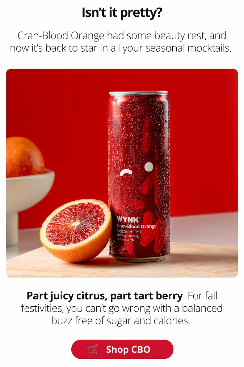 Cran-Blood Orange had some beauty rest, and now it's back to star in all your seasonal mocktails. (Photo of a dark cranberry colored can of Cran-Blood Orange seltzer, with a blood orange next to it.)