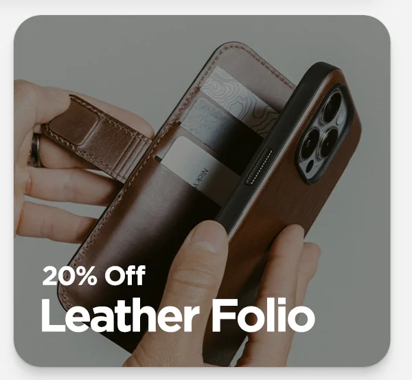 20% off Leather Folio. Featuring Rustic Brown Modern Leather Folio for iPhone 16 Pro