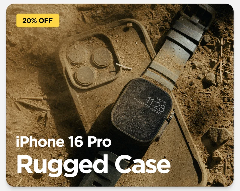20% off iPhone 16 Pro Rugged Case. Featuring Rugged Case and Rocky Point Band on Apple Watch Ultra in the dirt.