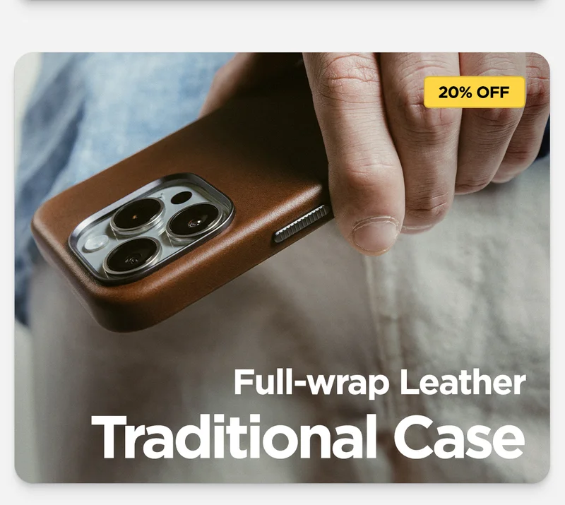 20% off. Full-wrap leather Traditional Case for iPhone 16. Featuring aluminum buttons and timeless brown leather.
