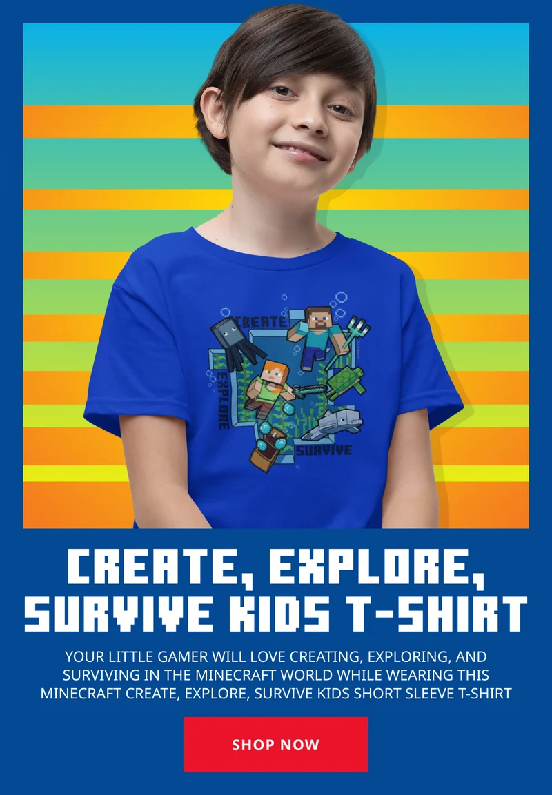 MINECRAFT CREATE, EXPLORE, SURVIVE KIDS SHORT SLEEVE T-SHIRT