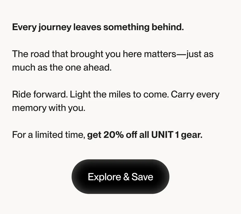 Promotional banner with inspiring copy encouraging readers to ride forward and save 20% on all UNIT 1 gear.
