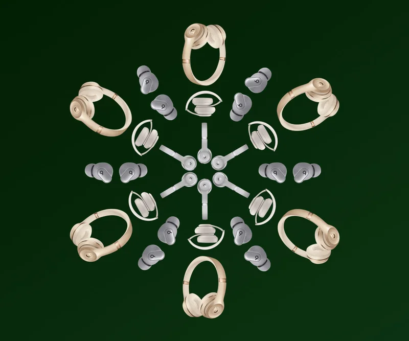 Snowflake-shaped graphic comprised of various Beats headphones and earbuds.