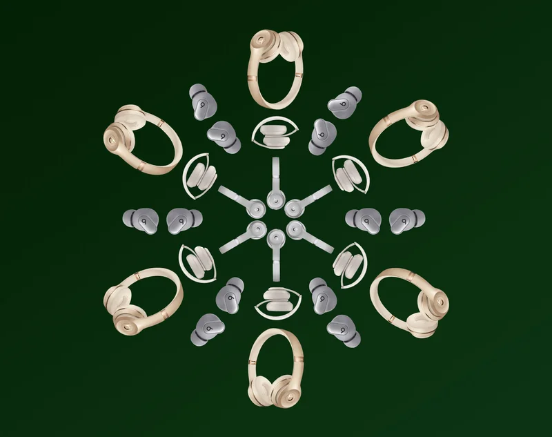 Snowflake-shaped graphic comprised of various Beats headphones and earbuds.