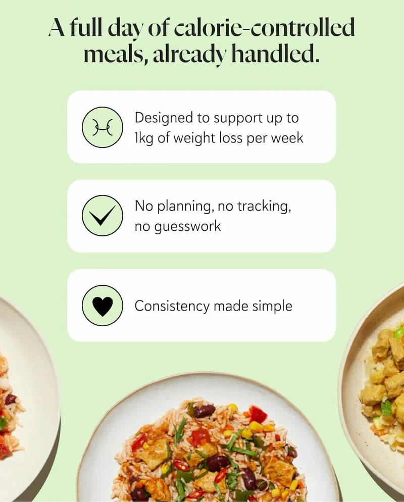 A full day of calorie-controlled meals, already handled. ✔️ Designed to support up to 1kg of weight loss per week ✔️ No planning, no tracking, no guesswork ✔️ Consistency made simple