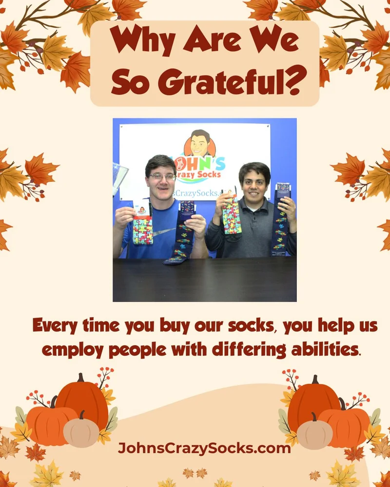 a poster with a picture of John and Mark reminding folks that they get free socks with every order of $50gifts