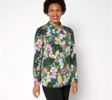 Susan Graver Regular Printed Liquid Knit Button Front Top