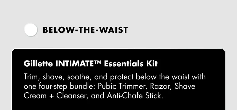 Below-the-waist: Gillette INTIMATE™ Essentials Kit - Trim, shave, soothe, and protect below the waist with one four-step bundle: Pubic Trimmer, Razor, Shave Cream + Cleanser, and Anti-Chafe Stick.