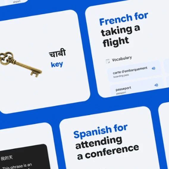 A collage of flashcards for language learning. One card shows a brass key with the Hindi word for key and its English translation. Another card shows French vocabulary such as carte d'embarquement, meaning boarding pass. A third card says Spanish for attending a conference.