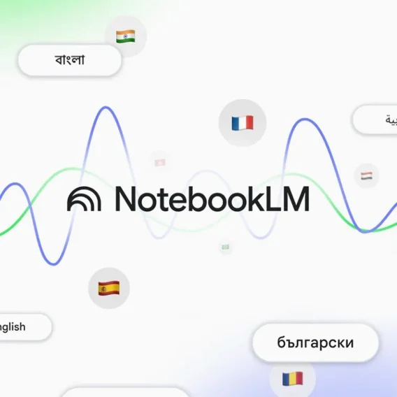 The NotebookLM logo is centered on a light background with faint, colorful soundwaves. Around the logo are speech bubbles in various languages.