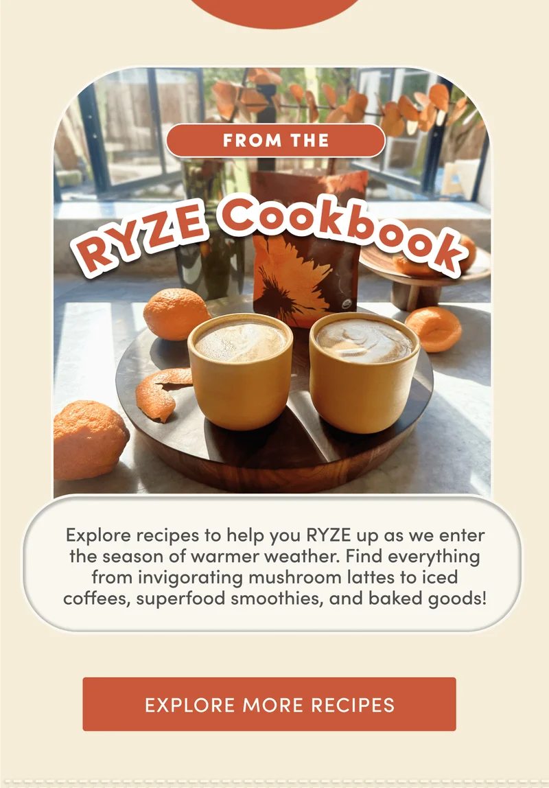 From the RYZE Cookbook | Explore recipes to help you RYZE up as we enter the season of warmer weather. Find everything from invigorating mushroom lattes to iced coffees, superfood smoothies, and baked goods! | Explore more recipes