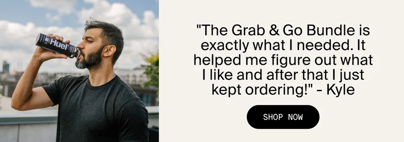 Image of man drinking huel and quote