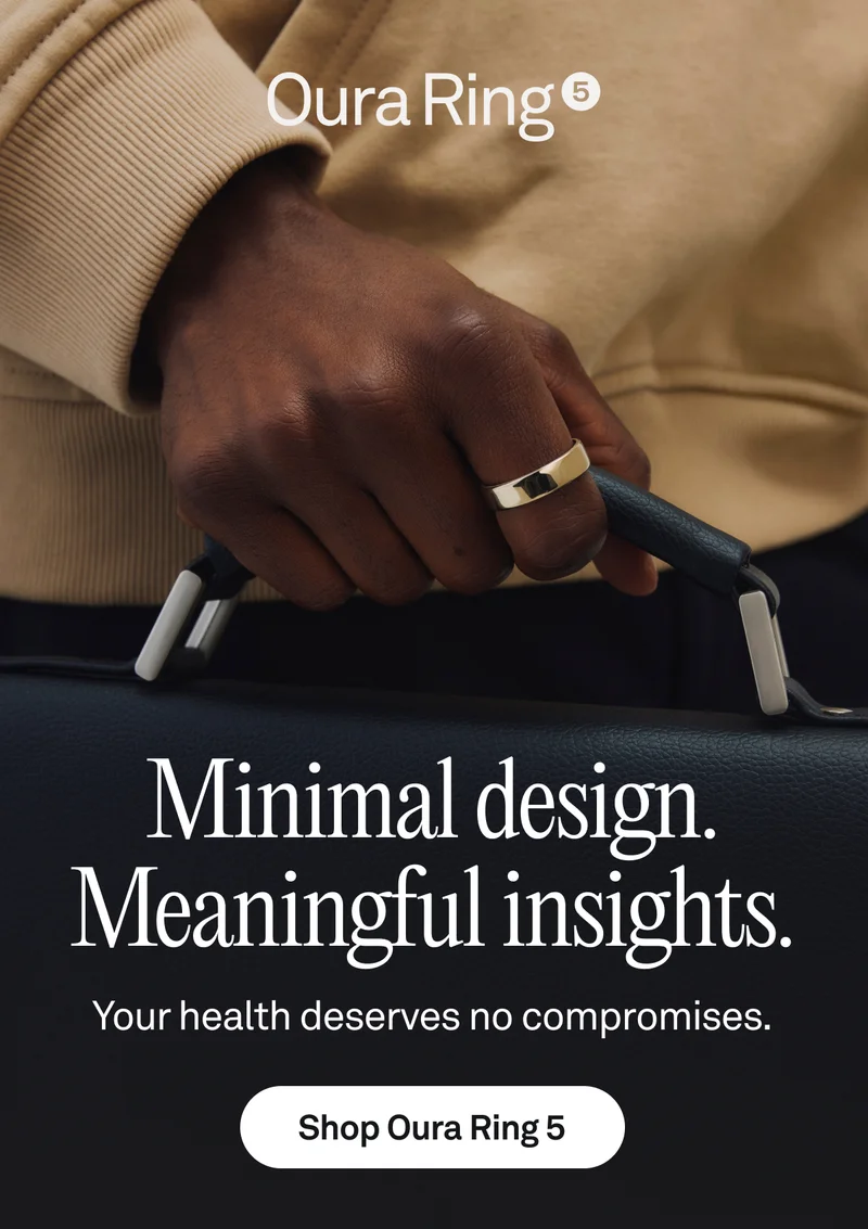 Person holding briefcase with Oura Ring 5 on. Always on. Barely there. Our most accurate ring yet. Shop Oura Ring 5