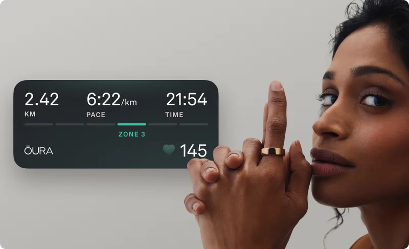 Woman with Deep Rose Oura Ring 5. App UI overlay with Live Activity Tracking UI Overlay