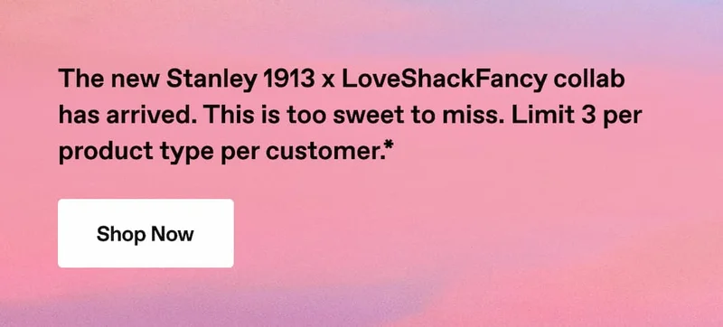 The new Stanley 1913 x LoveShackFancy collab has arrived. Limit 3 per product type per customer. Shop Now.