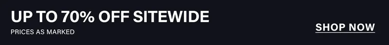 White text on dark banner: "UP TO 70% OFF SITEWIDE," "PRICES AS MARKED," and "SHOP NOW" button. Discover great online sale discounts!