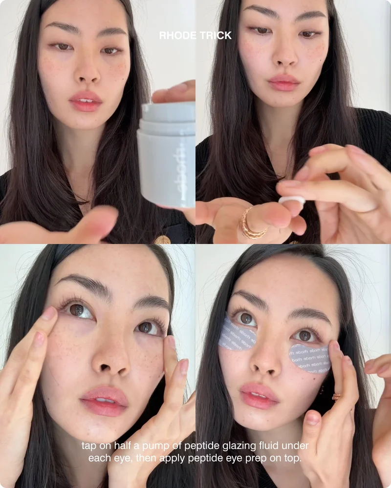 rhode trick: tap on half a pump of peptide glazing fluid under each eye, then apply peptide eye prep on top.​