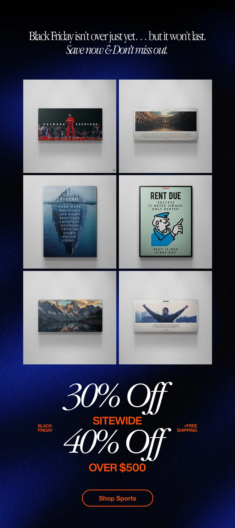 Black Friday extended email featuring a grid of IKONICK canvas art and bold savings text showing 30% off sitewide and 40% off over $500 with a blue gradient background. Black Friday extended email featuring a grid of IKONICK canvas art and bold savings text showing 30% off sitewide and 40% off over $500 with a blue gradient background.