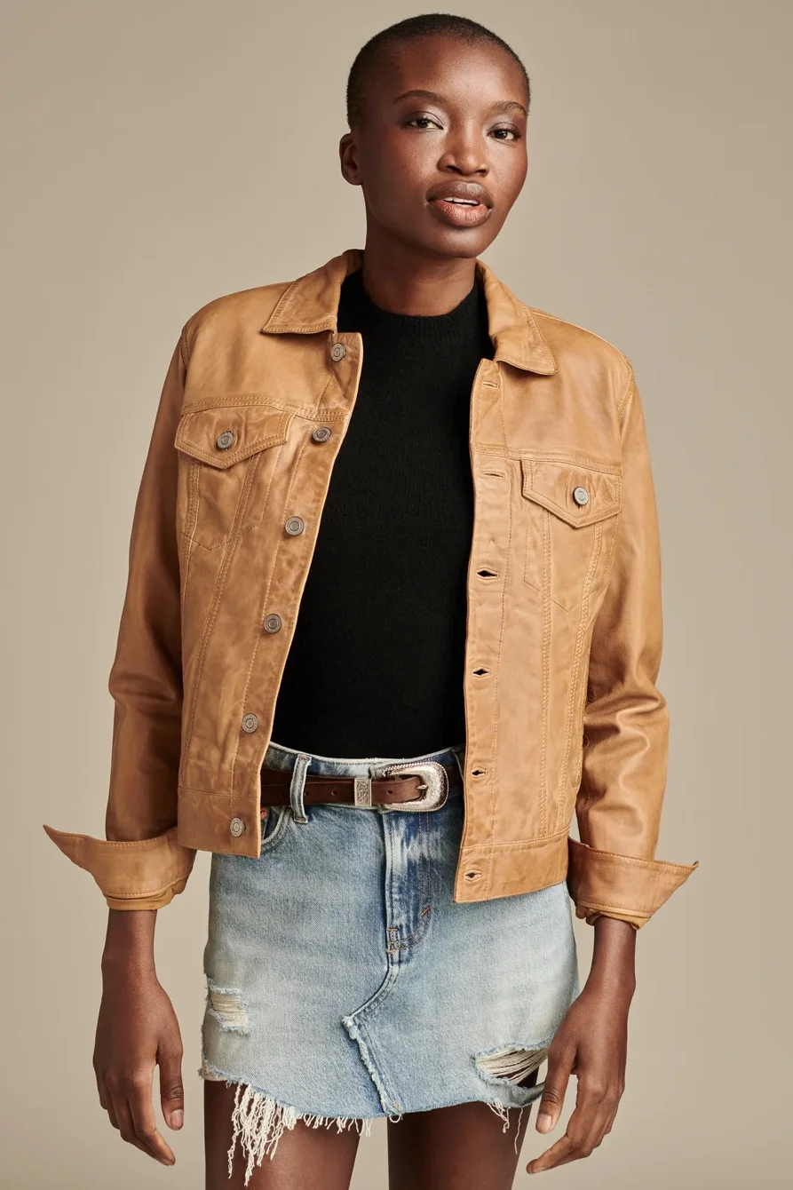 Image of Lucky Brand Leather Trucker Jacket - Women's Clothing Outerwear Jackets Coats in Cognac