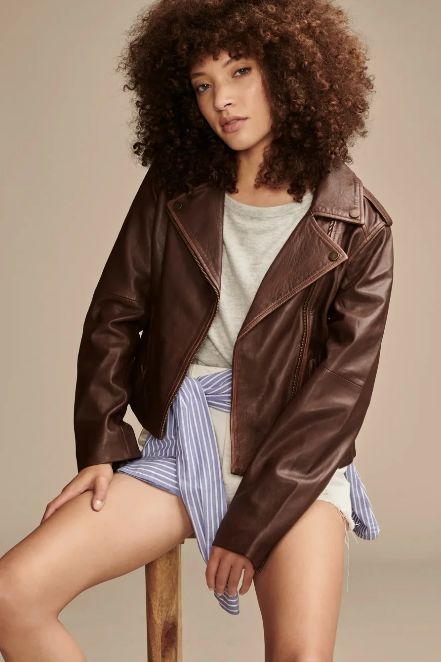 Image of Lucky Brand Classic Leather Moto Jacket - Women's Clothing Outerwear Jackets Coats in Chestnut