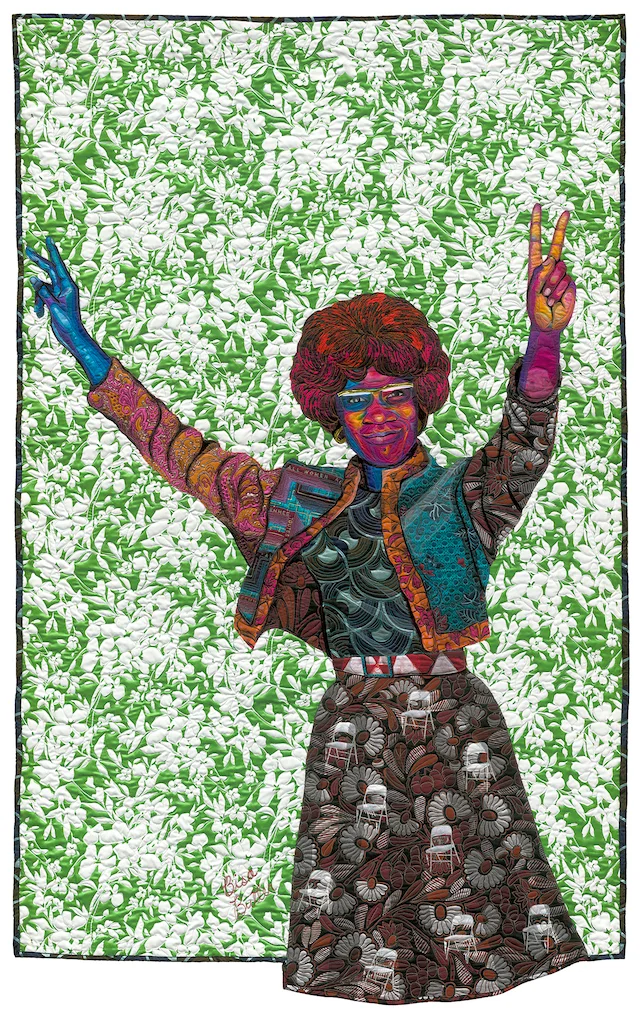 “Bring a Folding Chair: A Portrait of Shirley Chisholm” by Bisa Butler