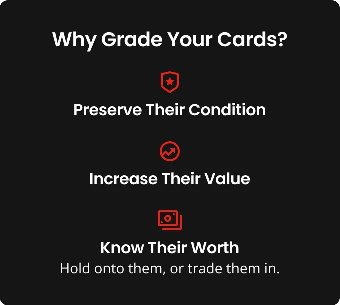 Why Grade Your Cards? Preserve Their Condition, Hold onto them, or trade them in.Know Their worth Increase Their value