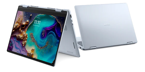A Dell 14 Plus 2-in-1 touch computer shown in tent mode and laptop mode.
