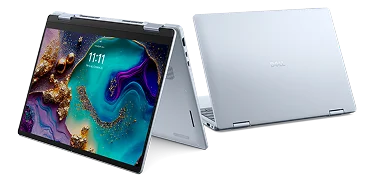 A Dell 14 Plus 2-in-1 touch computer shown in tent mode and laptop mode.