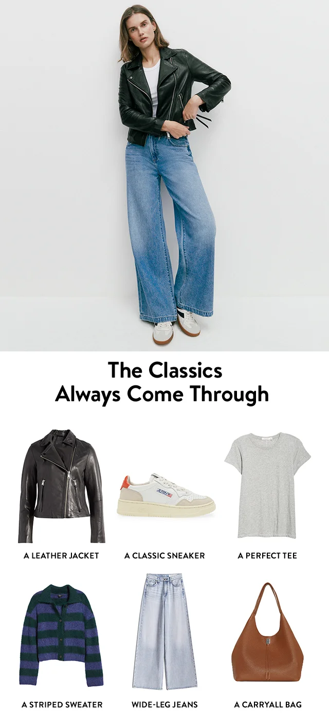 A woman wearing a black moto jacket with a white top, blue jeans and white sneakers. A black leather jacket, white sneaker, grey T-shirt, striped cardigan, blue jeans and brown carryall bag.