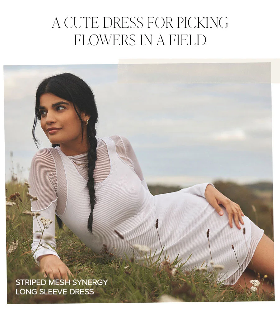 A CUTE DRESS FOR PICKING FLOWERS IN A FIELD STRIPED MESH SYNERGY LONG SLEEVE DRESS