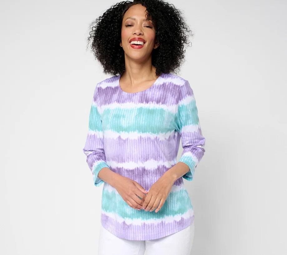 Denim & Co. Favorite Jersey Printed Stripe 3/4 Sleeve Round Neck Top