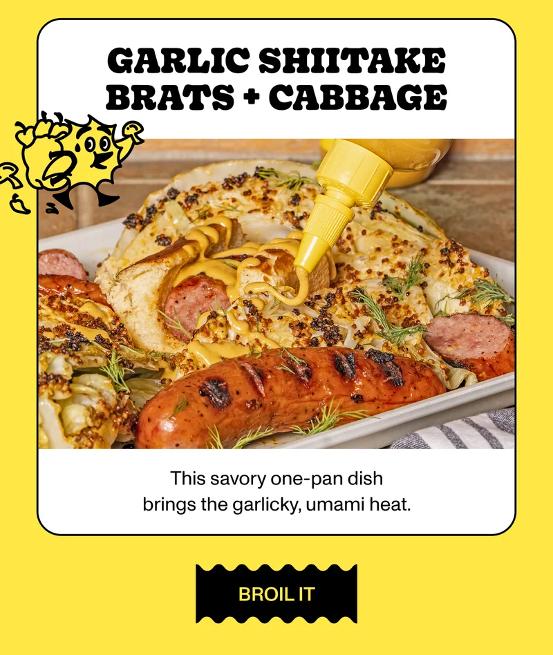 Garlic Shiitake Brats + Cabbage