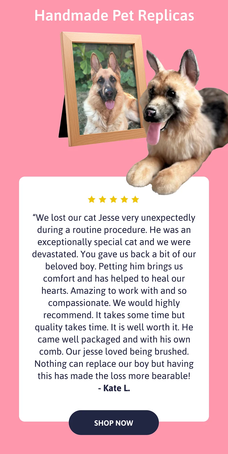 Handmade Pet Replicas. Review: "We lost our cat Jesse very unexpectedly during a routine procedure. He was an exceptionally special cat and we were devastated. You gave us back a bit of our beloved boy. Petting him brings us comfort and has helped to heal our hearts. Amazing to work with and so compassionate. We would highly recommend. It takes some time but quality takes time. It is well worth it. He came well packaged and with his own comb. Our jesse loved being brushed. Nothing can replace our boy but having this has made the loss more bearable!" - Kate L.