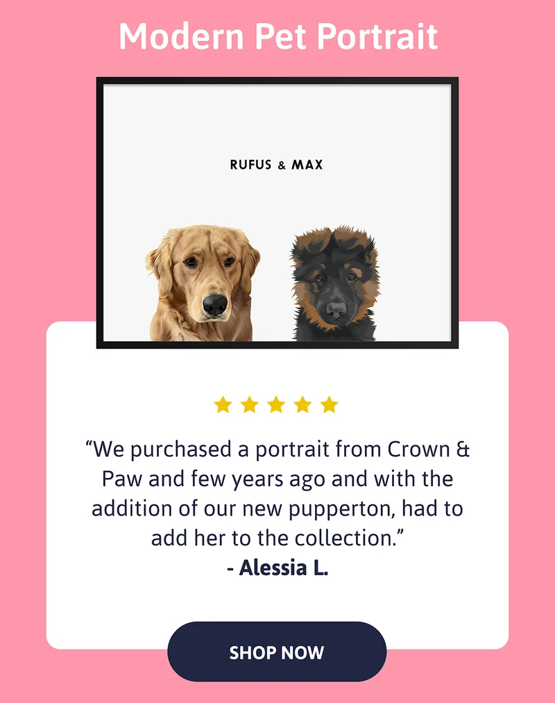 Modern Pet Portraits. Review: "We purchased a portrait from Crown & Paw and few years ago and with the addition of our new pupperton, had to add her to the collection". - Alessia L.