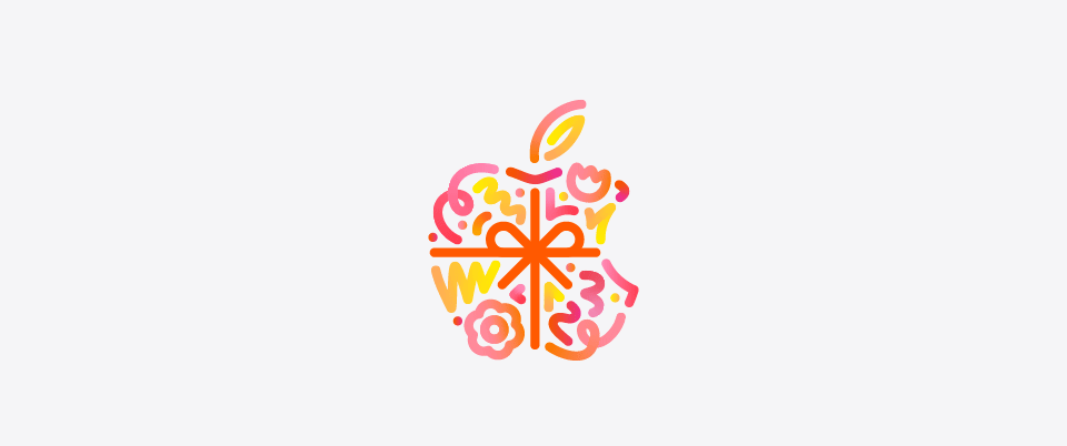 Dots, squiggles, spirals, and flower shapes in different hues of orange, pink, and yellow burst and spread across from behind Apple logo, wrapped in an orange color bow, made up of dots, squiggles, spirals, and flower shapes in different hues of orange, pink, and yellow