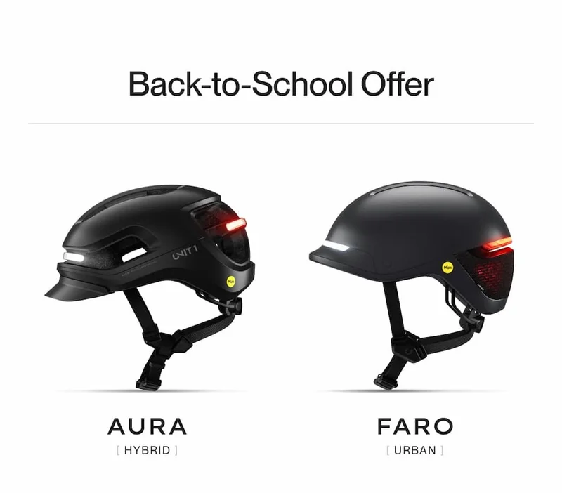 UNIT 1 AURA hybrid helmet and FARO urban helmet side-by-side, showcasing integrated smart lights.