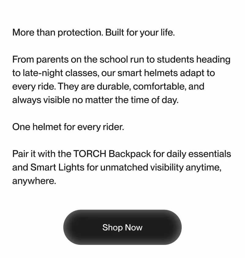 UNIT 1 smart helmet description with call-to-action button to shop now.