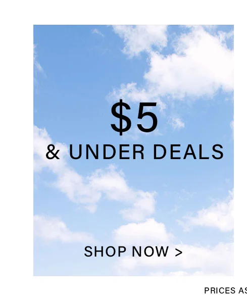 Bright blue sky with white clouds. Bold black text announces "$5 & UNDER DEALS" with a "SHOP NOW" call to action, promoting great value.