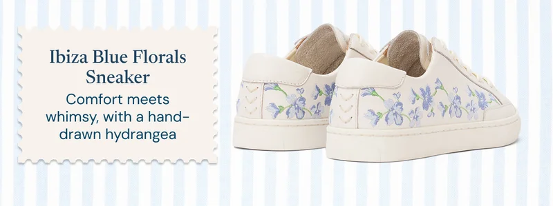Ibiza Blue Florals Sneaker — Comfort meets whimsy, with a hand-drawn hydrangea
